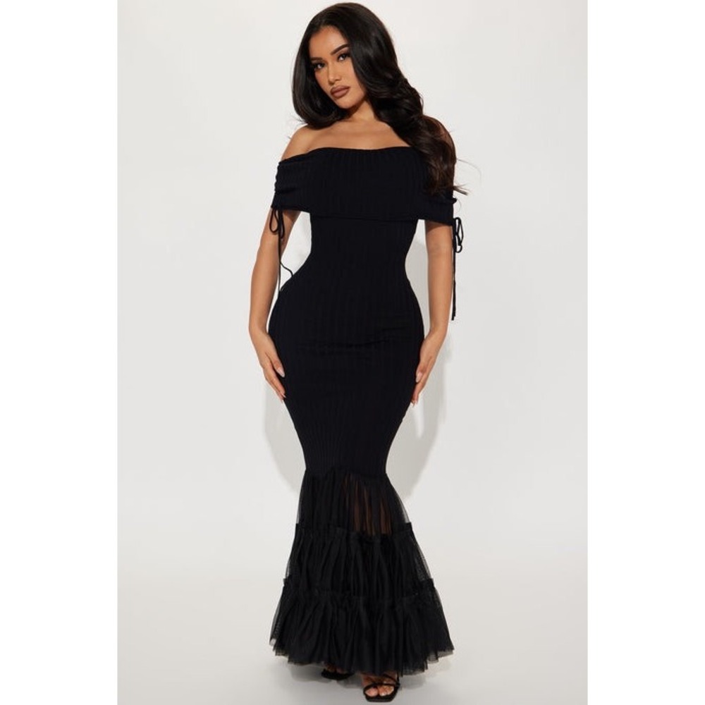 Fashion Nova Maya Mermaid Maxi Dress Black Ribbed Knit Tulle Off Shoulder Large